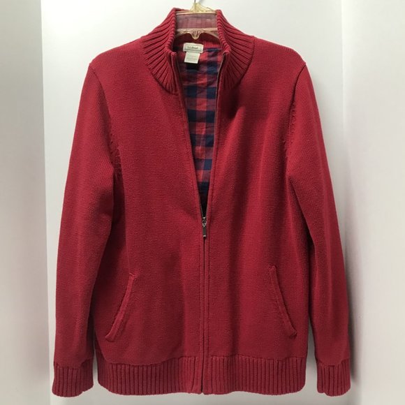 L.L. Bean Red & Blue Plaid Flannel Lined Full Zip Cardigan Sweater - Picture 4 of 15